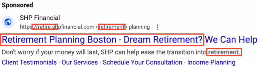 Search Ad for Retired Financial planning 2
