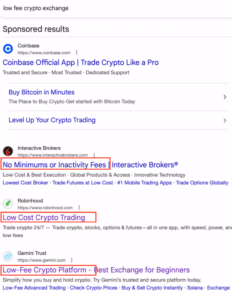 Search ads for the keyword "Low Fee Crypto Exchange"