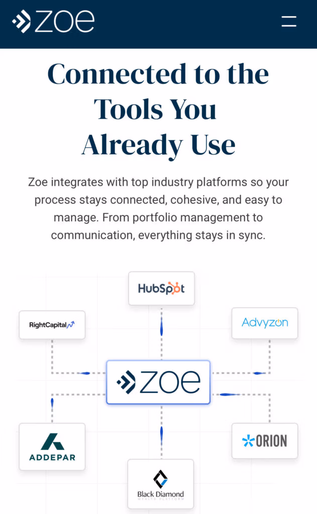 Zoe landing page mobile image connected tools