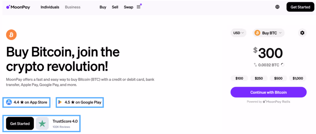 Moonpay landing page above the fold