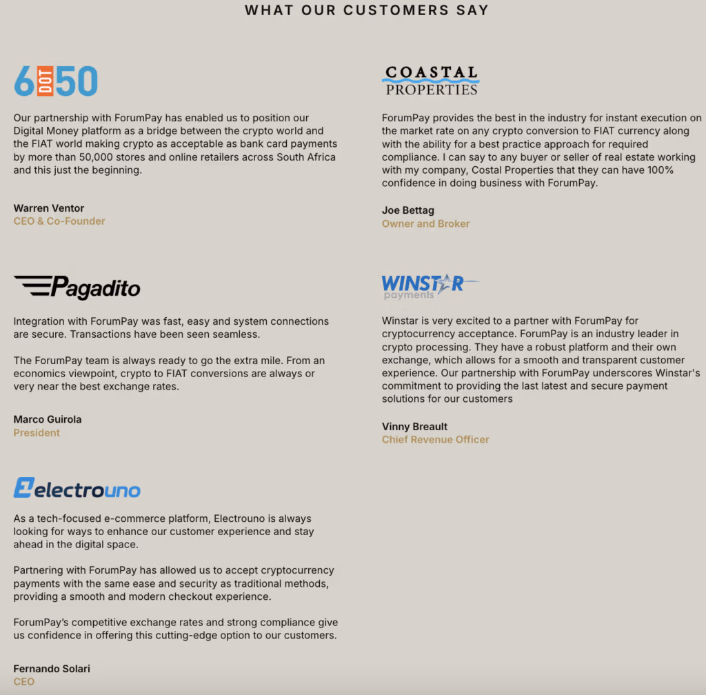 ForumPay Testimonials landing page