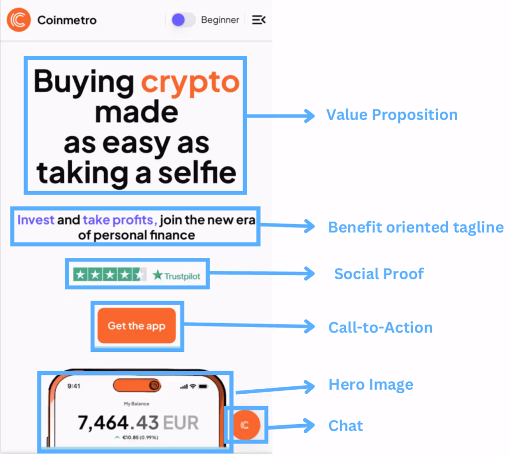 CoinMetro mobile landing page above the fold